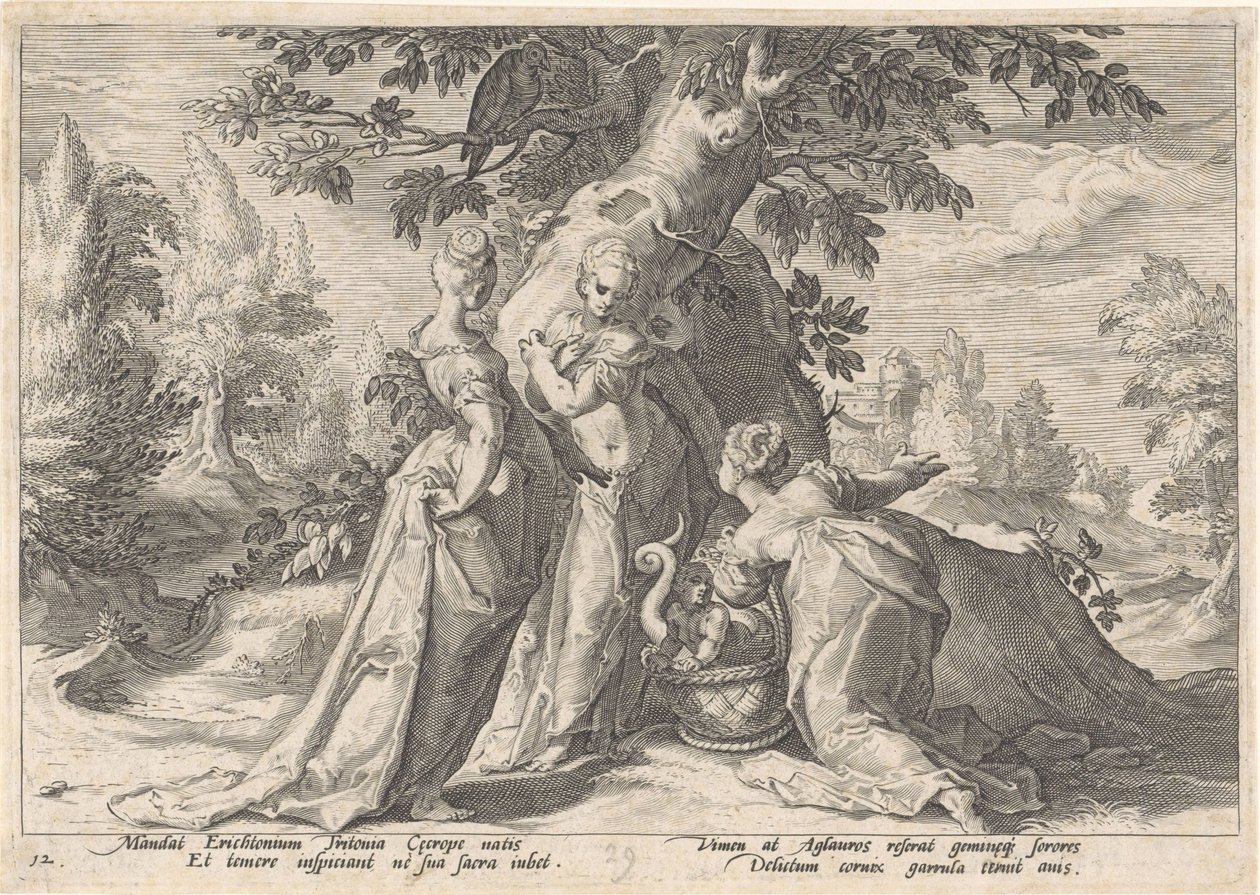 Daughters of Cecrops åpner kurven til Minerva Metamorphoses av Ovid (serietittel) av Hendrick Goltzius (workshop of)