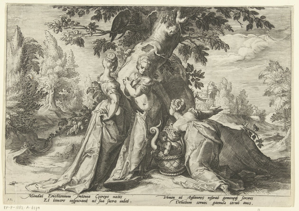 Daughters of Cecrops åpner Minerva .s kurv Ovids metamorfoser (serietittel) av Hendrick Goltzius (workshop of)