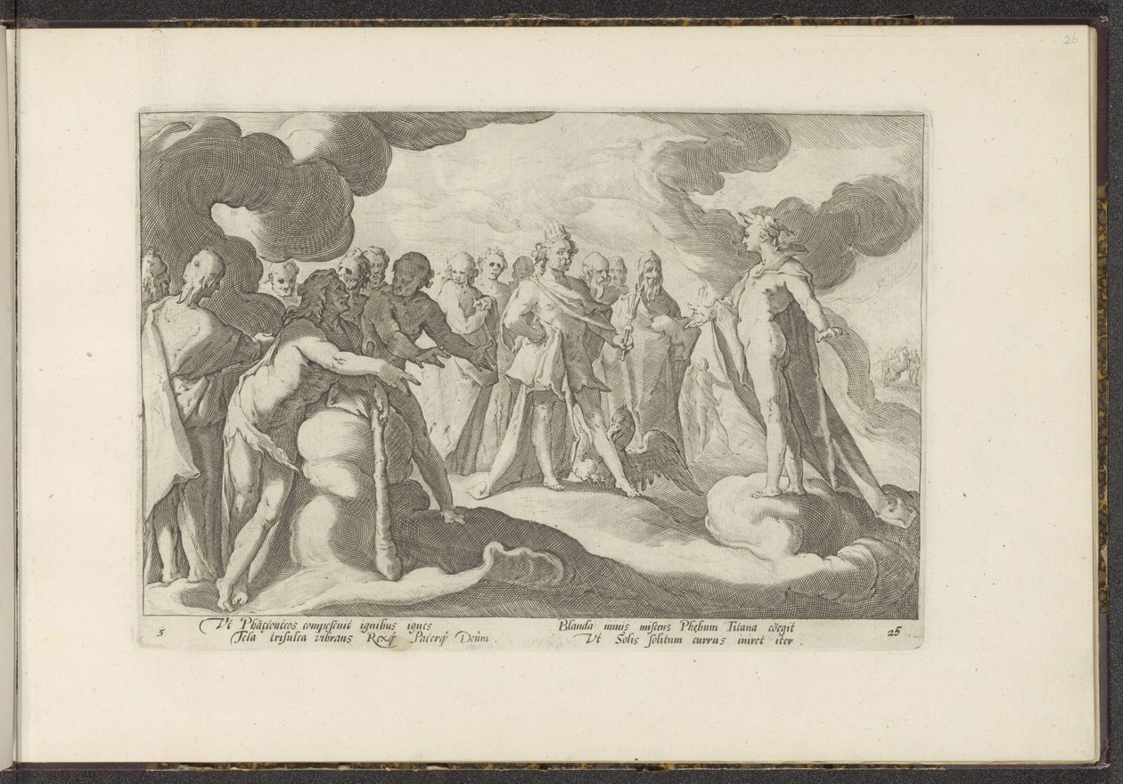 Guder ber solguden om å kjøre vognen sin igjen Ovids metamorfoser (serietittel) Gjenskapninger av P. Ovidius Naso (serietittel) av Hendrick Goltzius (workshop of)