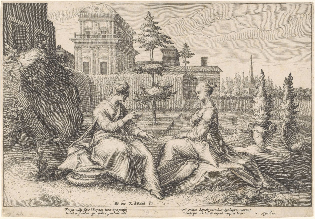 Juno nærmer seg Semele i dekke av Beroe Metamorphoses of Ovid (serietittel) av Hendrick Goltzius (workshop of)