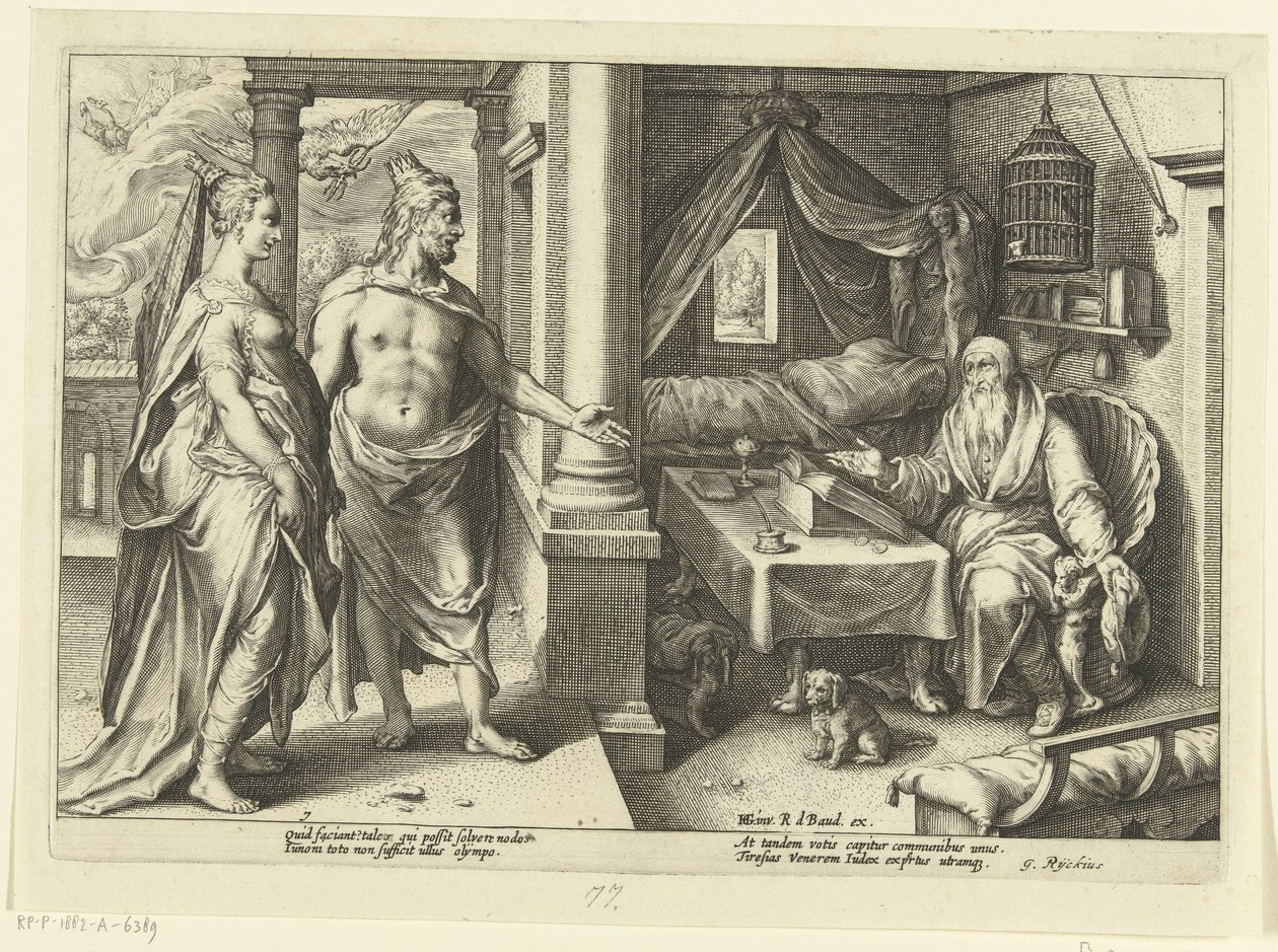 Juno og Jupiter konsulterer Tiresias Ovids metamorfoser (serietittel) av Hendrick Goltzius (workshop of)