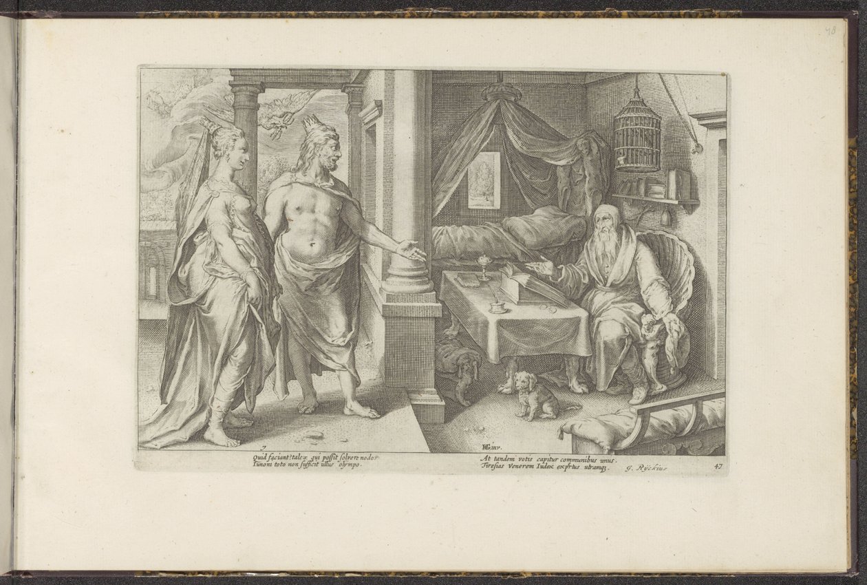 Juno og Jupiter spør Tiresias om råd Ovids metamorfoser (serietittel) Gjenskapninger av P. Ovidius Naso (serietittel) av Hendrick Goltzius (workshop of)