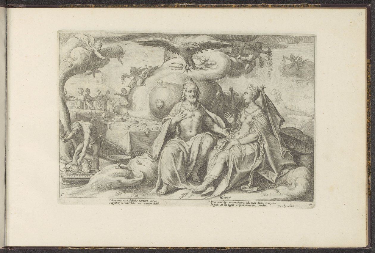 Jupiter og Juno diskuterer hvilket av kjønnene som har større kjærlighetslyst Ovids metamorfoser (serietittel) Gjenskapninger av P. Ovidius Naso (serietittel) av Hendrick Goltzius (workshop of)