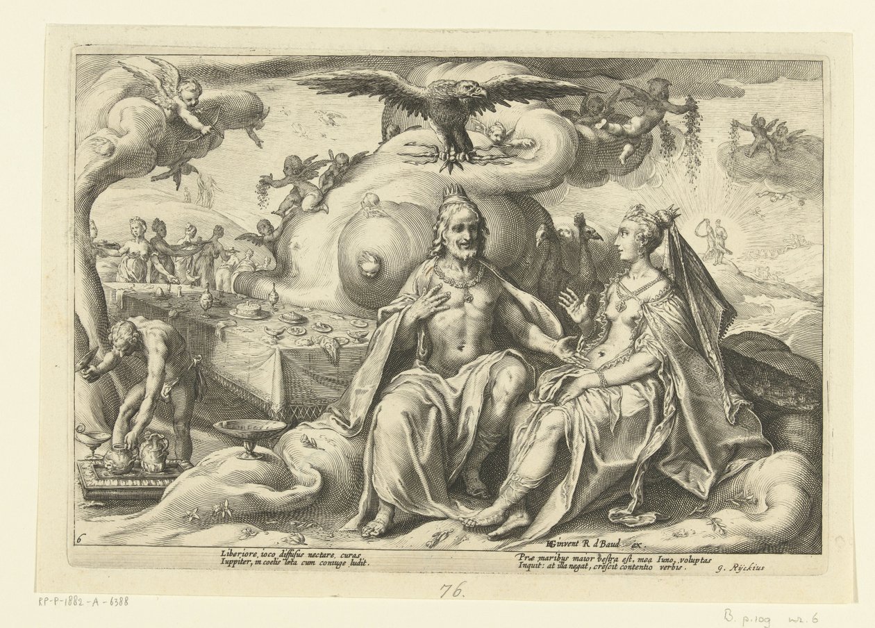 Jupiter og Juno diskuterer hvilket av kjønnene som har større kjærlighetslyst Ovids metamorfoser (serietittel) av Hendrick Goltzius (workshop of)