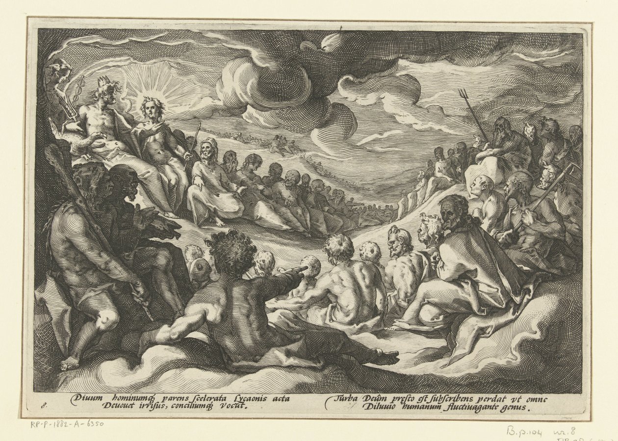 Jupiter tilkaller de olympiske gudene Ovids metamorfoser (serietittel) av Hendrick Goltzius (workshop of)