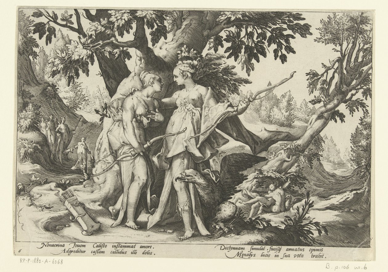 Jupiter forfører Callisto i skikkelse av Diana Ovids metamorfoser (serietittel) av Hendrick Goltzius (workshop of)