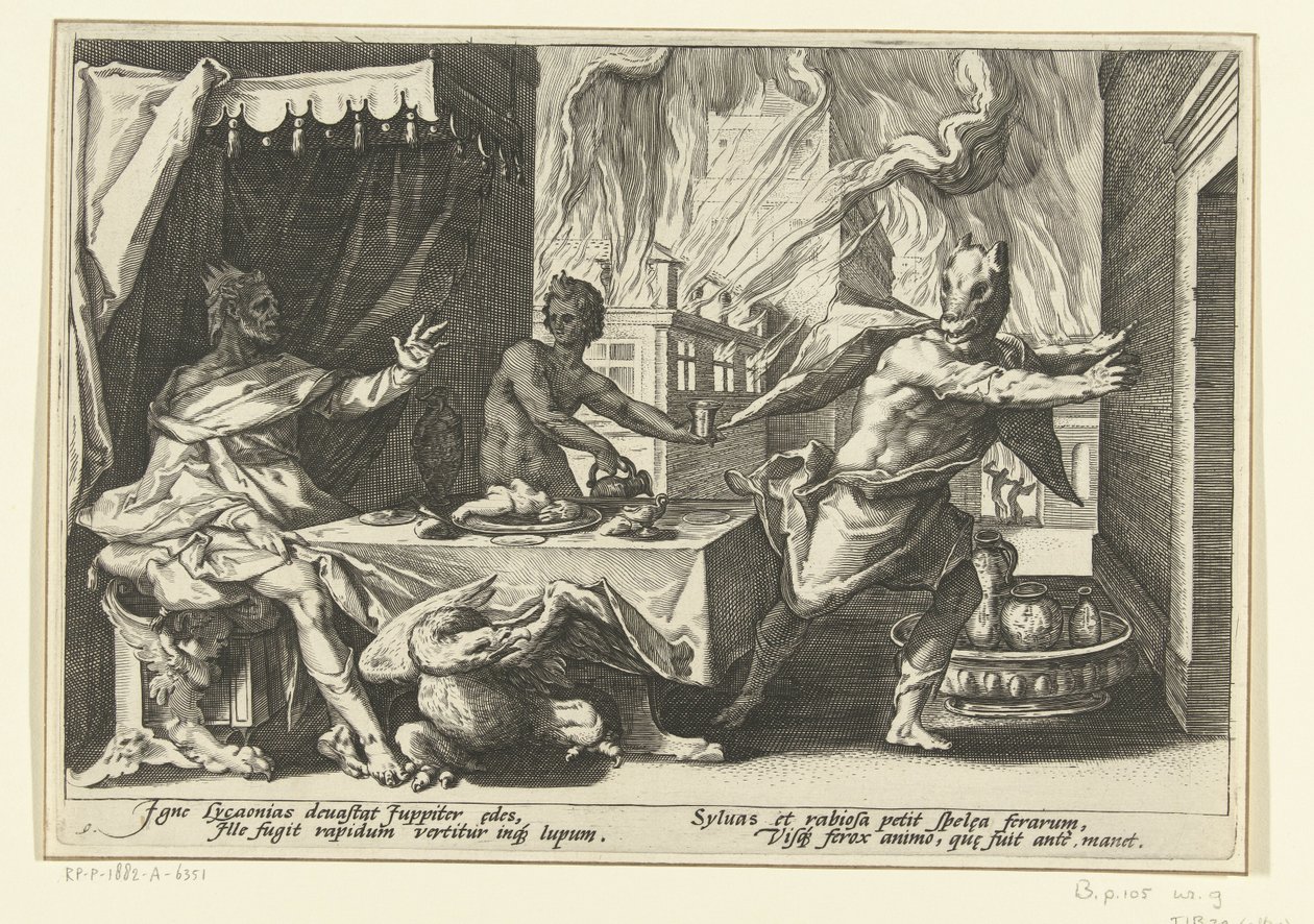 Lycaon blir til en ulv Ovids metamorfoser (serietittel) av Hendrick Goltzius (workshop of)
