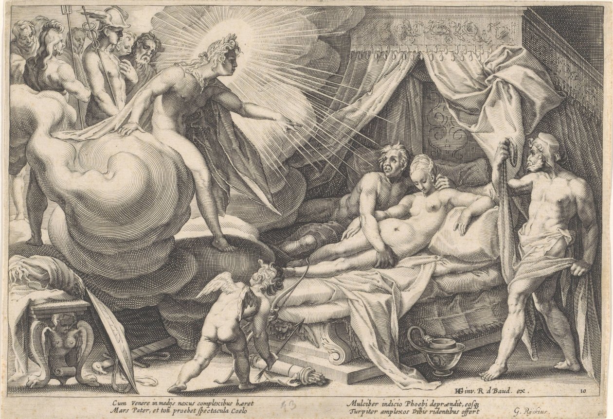 Mars og Venus overrasket av Apollo Metamorphoses of Ovid (serietittel) av Hendrick Goltzius (workshop of)