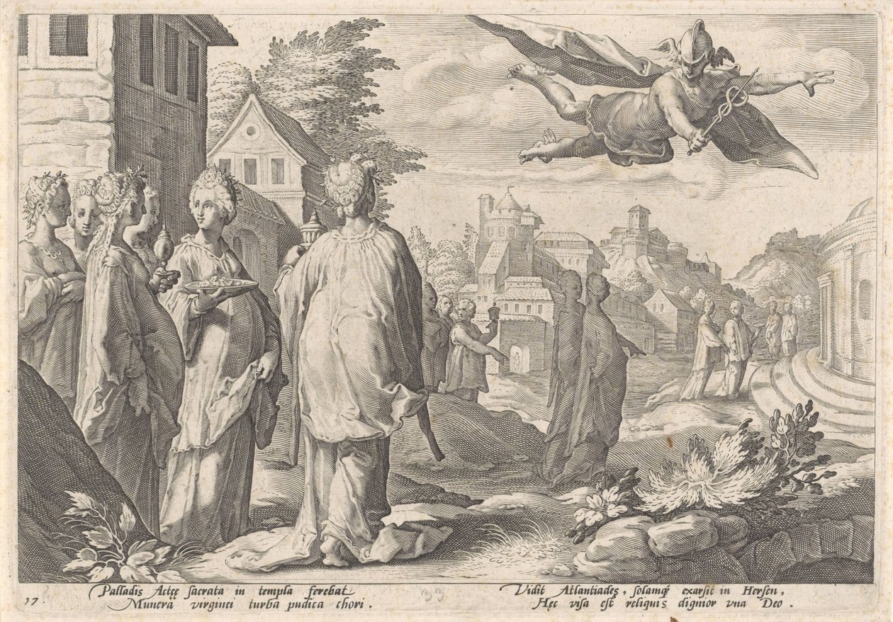 Mercurius en Herse Metamorfosen van Ovidius (serietittel) av Hendrick Goltzius (workshop of)