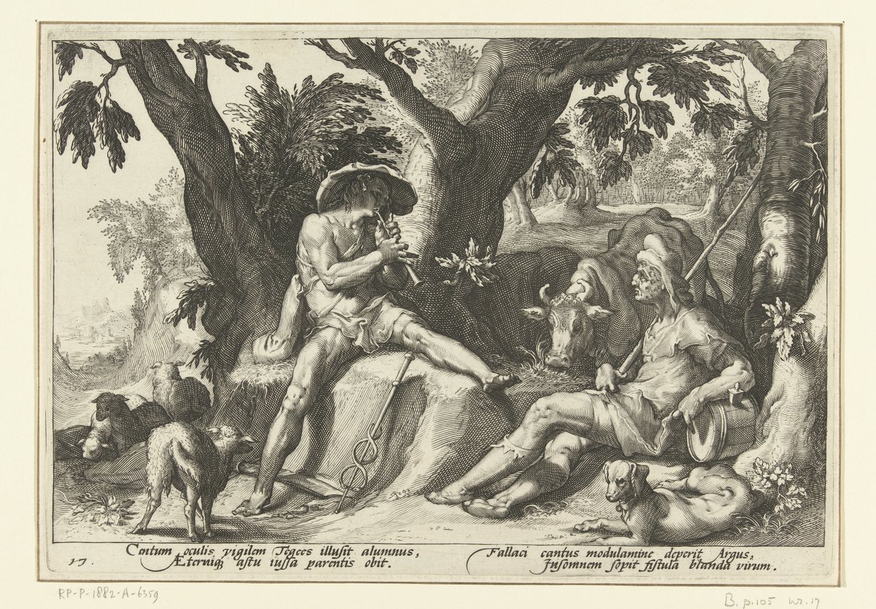 Mercury spiller fløyte for Argus Ovids metamorfoser (serietittel) av Hendrick Goltzius (workshop of)