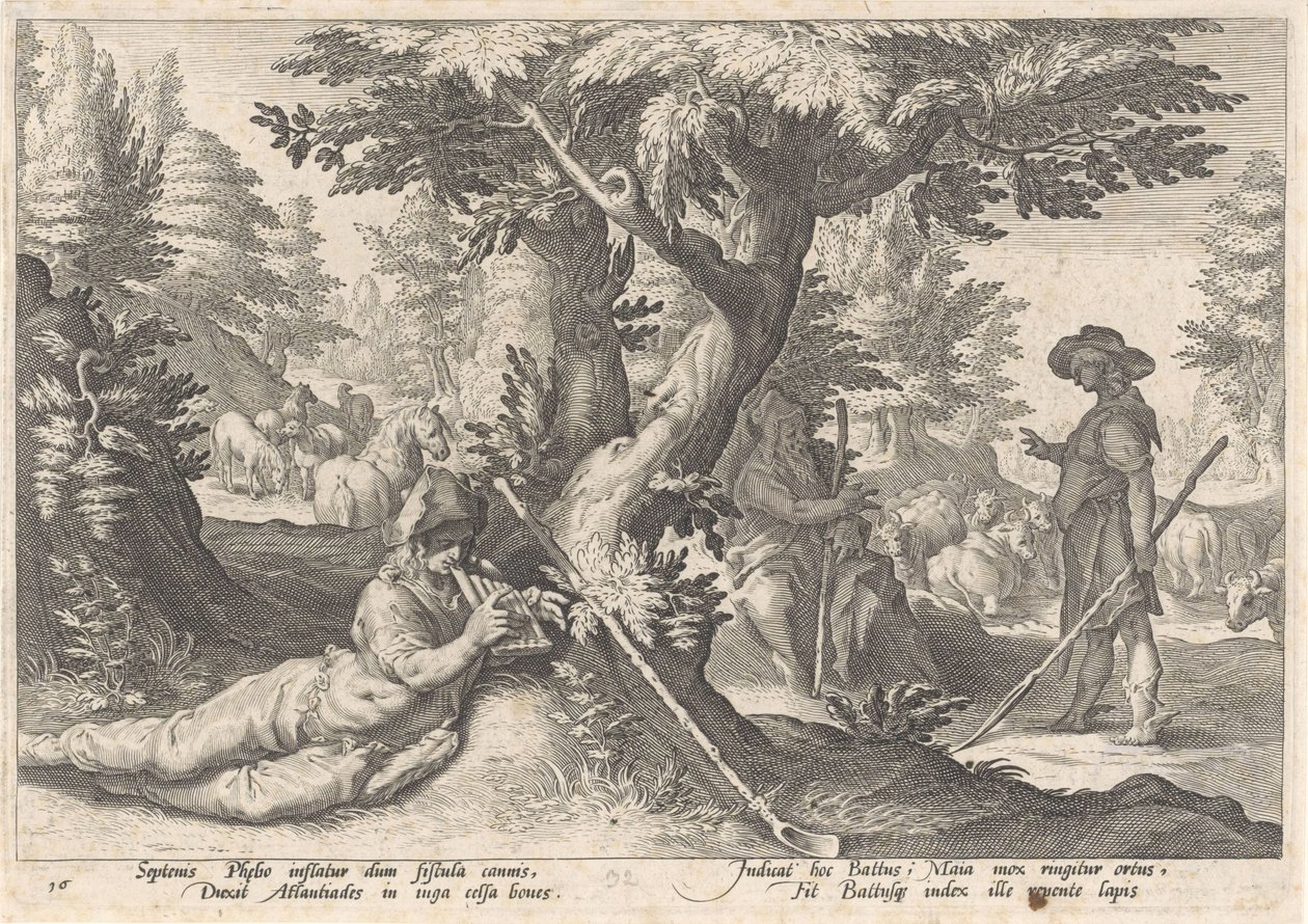 Mercury gjør Battus til en stein Metamorphoses of Ovid (serietittel) av Hendrick Goltzius (workshop of)