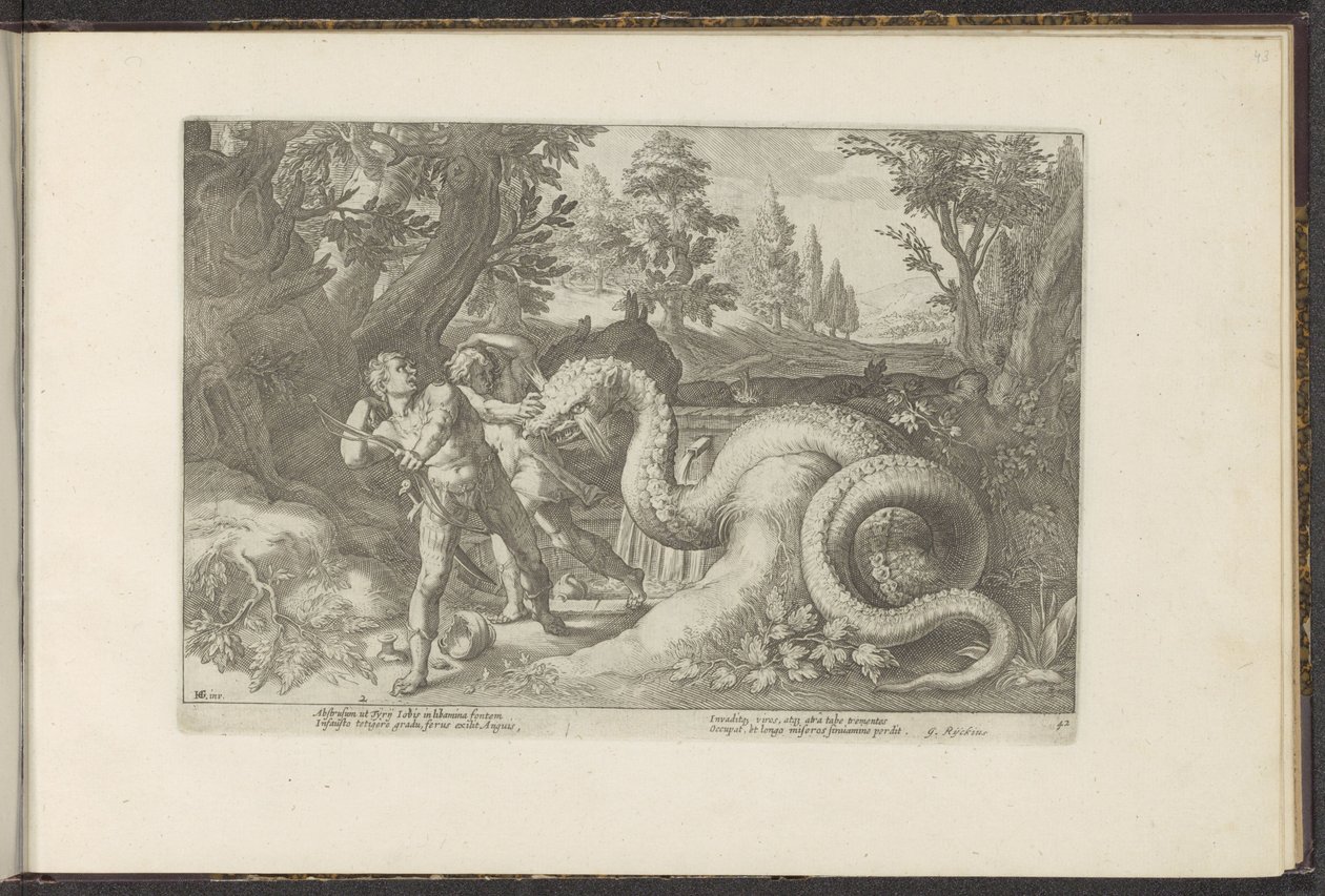 Kadmusens ledsagere fortært av en drage Ovids metamorfoser (serietittel) Gjenskapninger av P. Ovidius Naso (serietittel) av Hendrick Goltzius (workshop of)