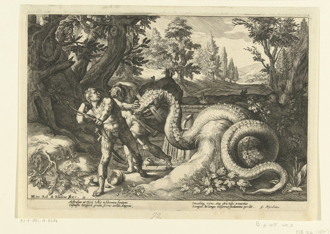 Kadmusens ledsagere fortært av en drage Ovids metamorfoser (serietittel) av Hendrick Goltzius (workshop of)