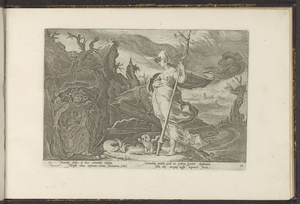 Minerva ber Envy om å tenne sjalusi i Aglauros Ovids Metamorphoses (serietittel) P. Ovids rekreasjoner Naso (serietittel) av Hendrick Goltzius (workshop of)