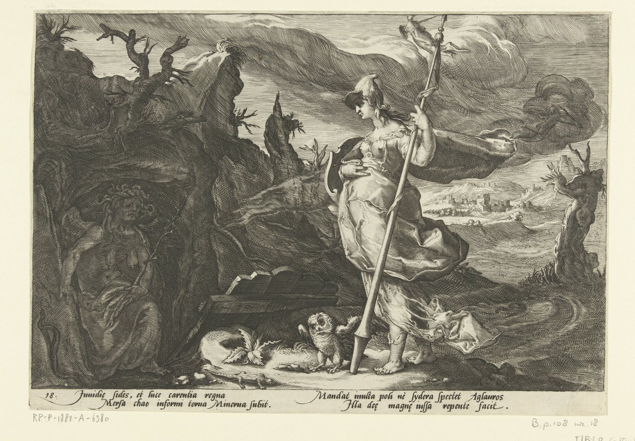 Minerva ber Envy om å tenne sjalusi i Aglauros Ovids metamorfoser (serietittel) av Hendrick Goltzius (workshop of)