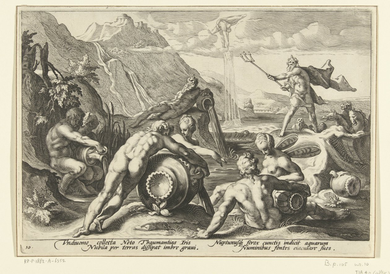 Neptun og elvegudene forårsaker en flom Ovids metamorfoser (serietittel) av Hendrick Goltzius (workshop of)