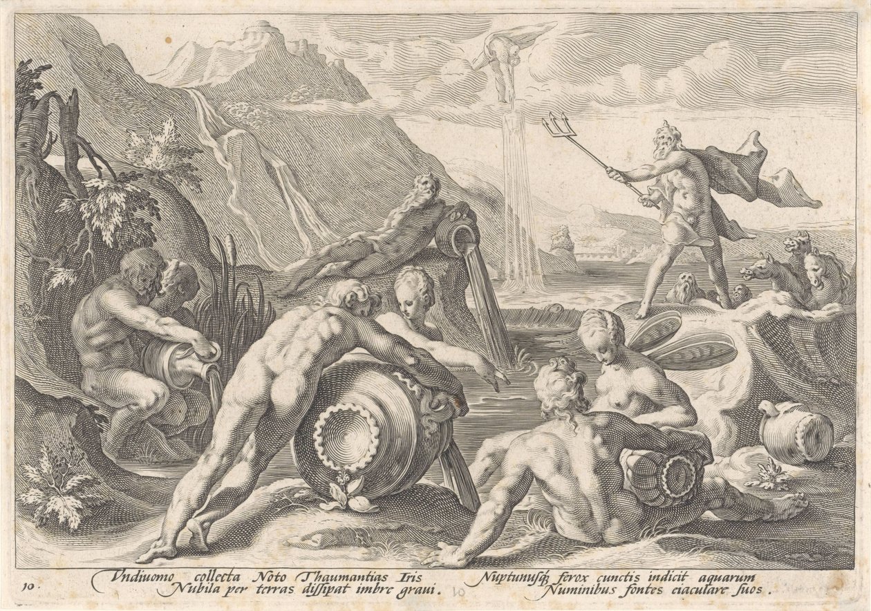 Neptun beordrer elvegudene til å forårsake en flom Metamorphoses of Ovid (serietittel) av Hendrick Goltzius (workshop of)