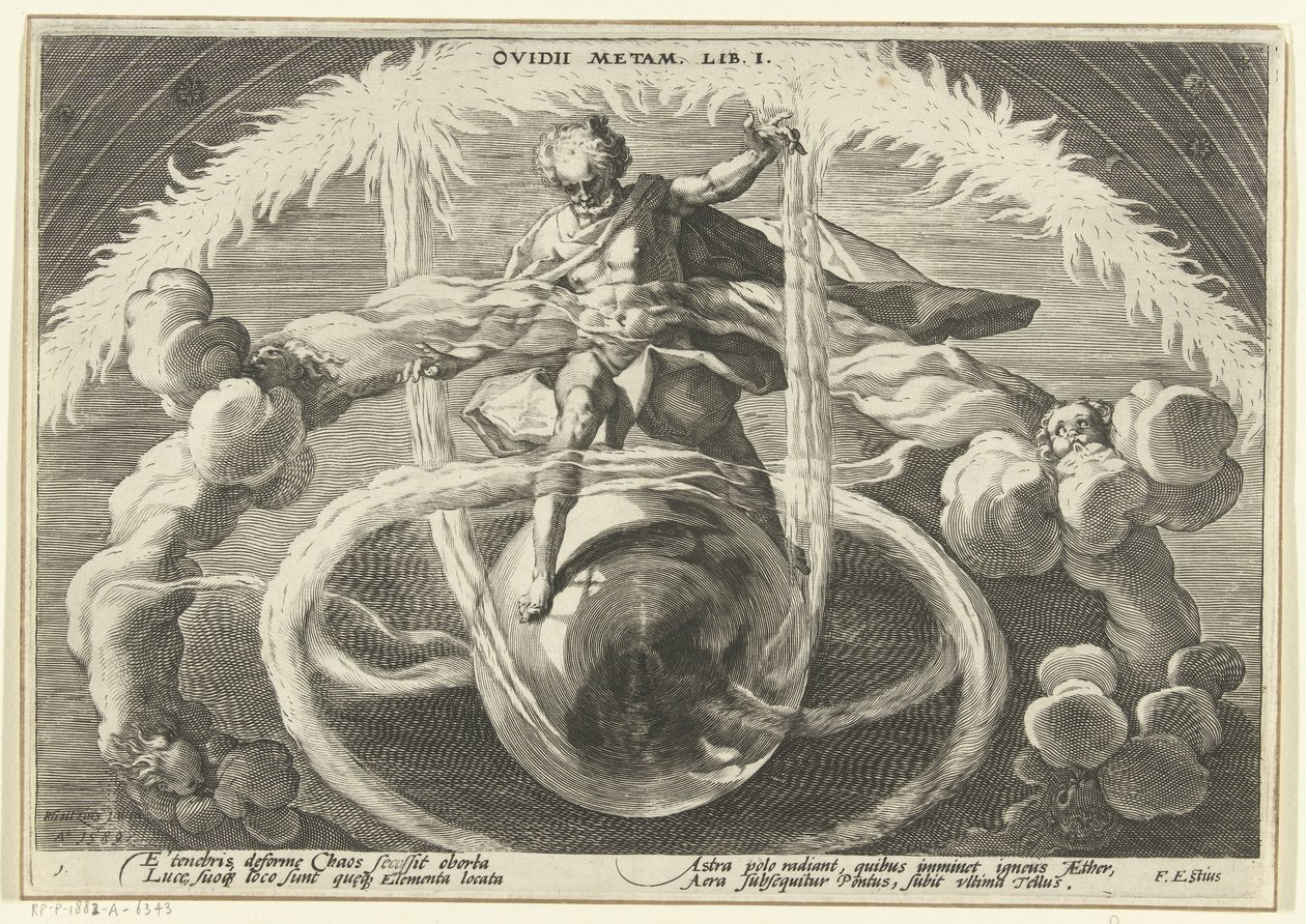 Orden i kaoset Opprettelsen av de fire elementene Ovids metamorfoser (serietittel) av Hendrick Goltzius (workshop of)