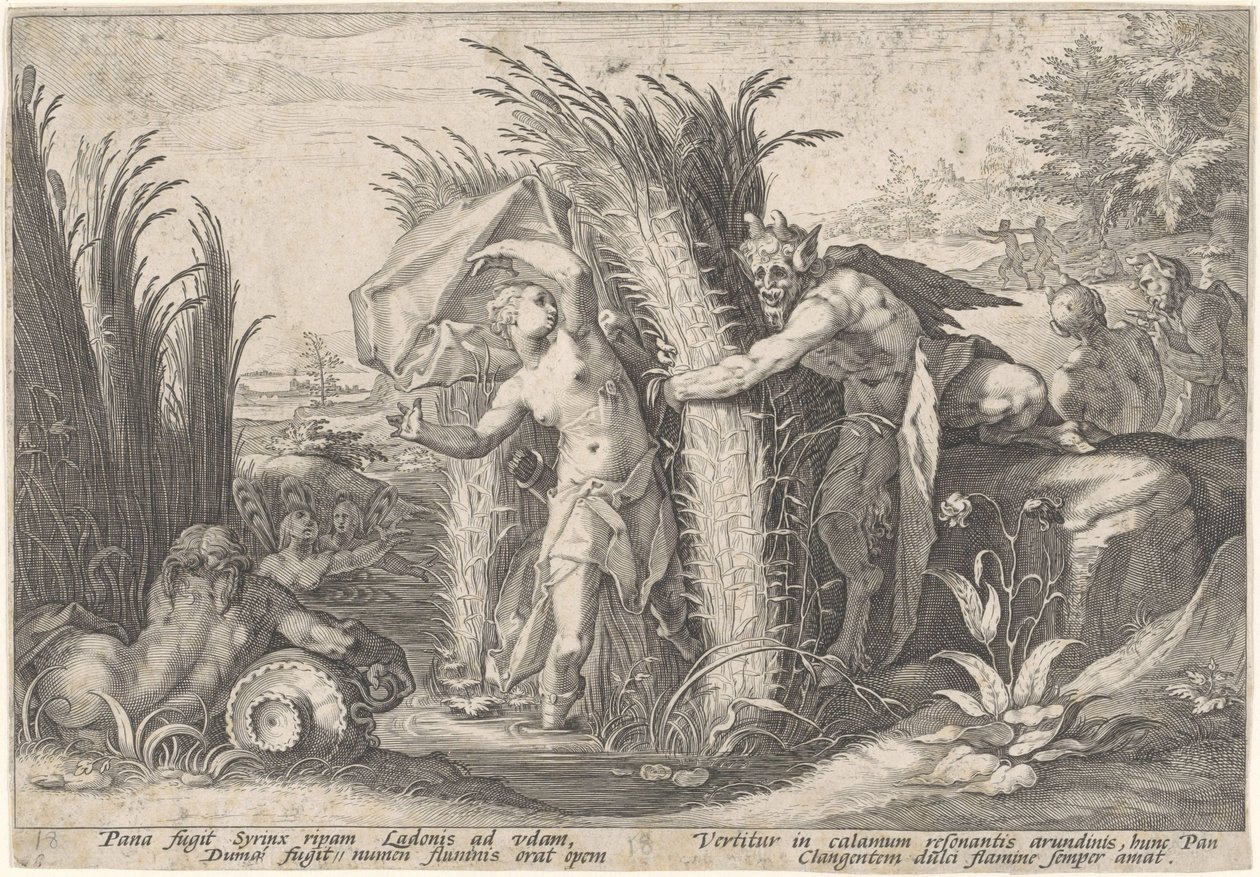 Pan og Syrigs Transformert van Ovid (serietittel) av Hendrick Goltzius (workshop of)