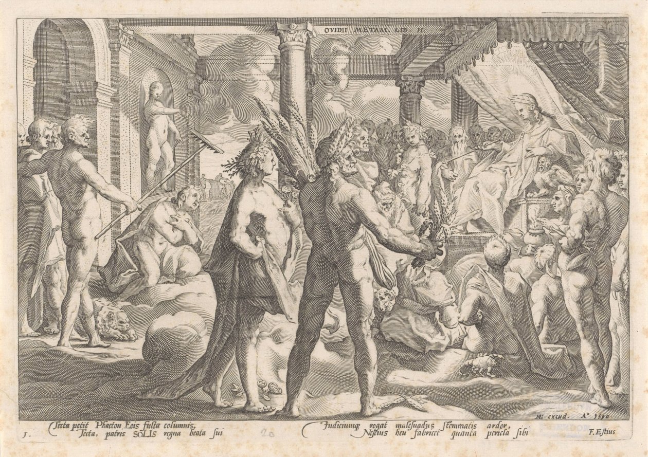 Phaëthon spør Apollo om han får ri i vognen sin Metamorphoses of Ovid (serietittel) av Hendrick Goltzius (workshop of)