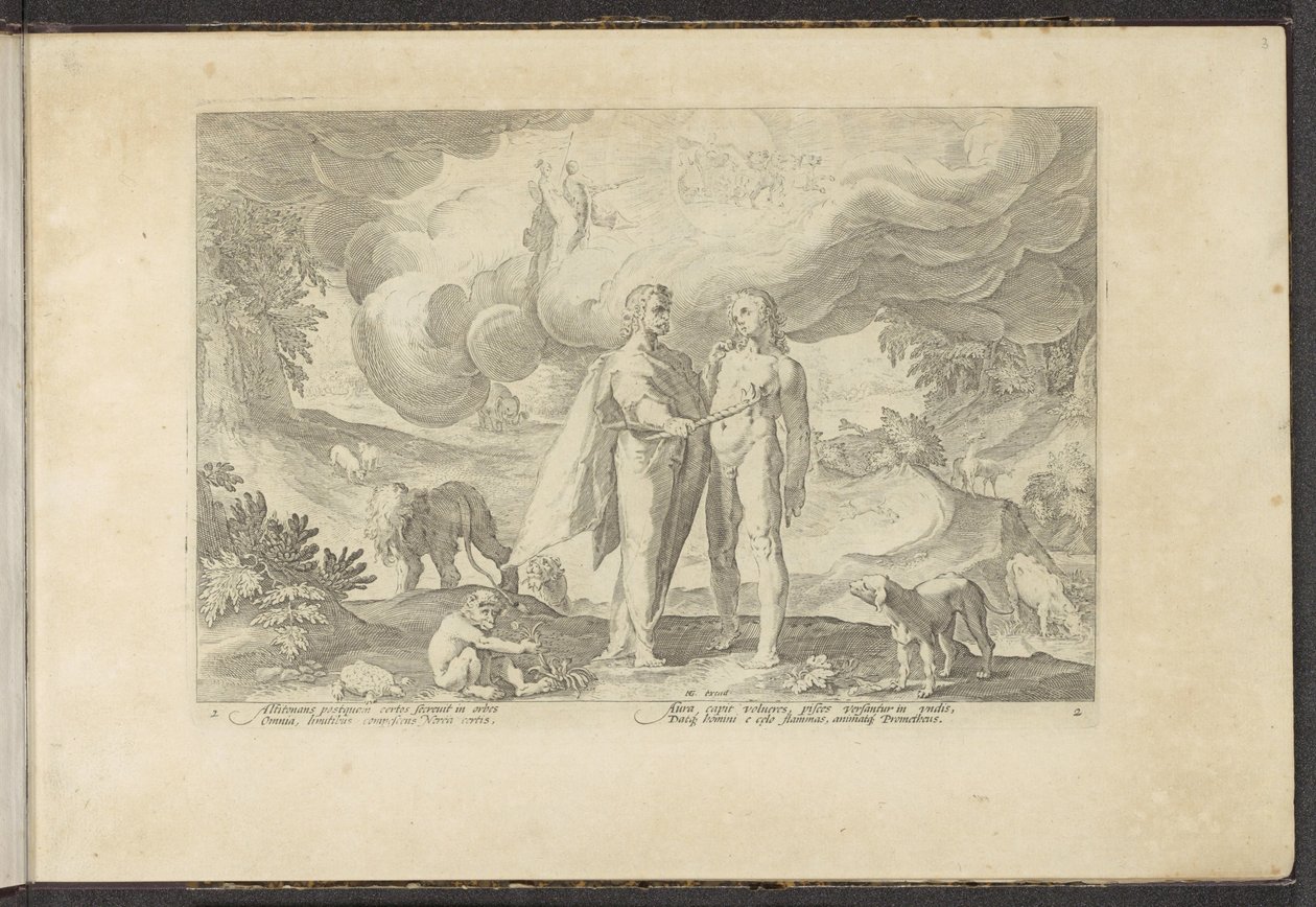 Prometheus gir mennesket ild Ovids metamorfoser (serietittel) Gjenskapninger av P. Ovidius Naso (serietittel) av Hendrick Goltzius (workshop of)