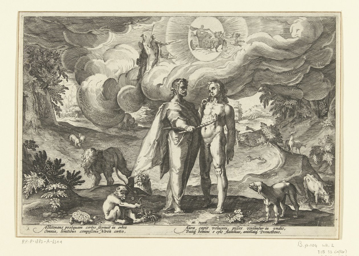 Prometheus gir mennesket ild Ovids metamorfoser (serietittel) av Hendrick Goltzius (workshop of)