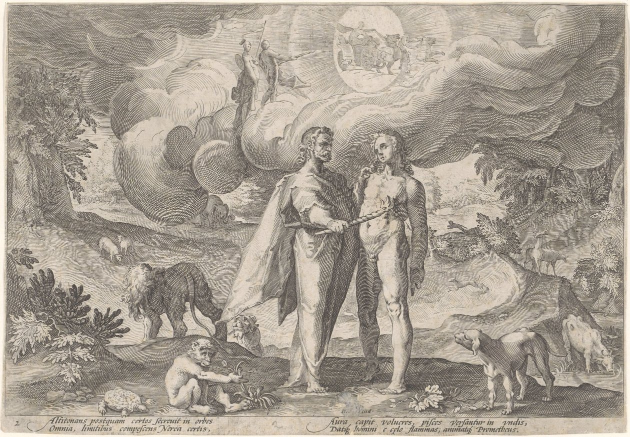 Prometheus skaper det første mennesket Metamorphoses of Ovid (serietittel) av Hendrick Goltzius (workshop of)