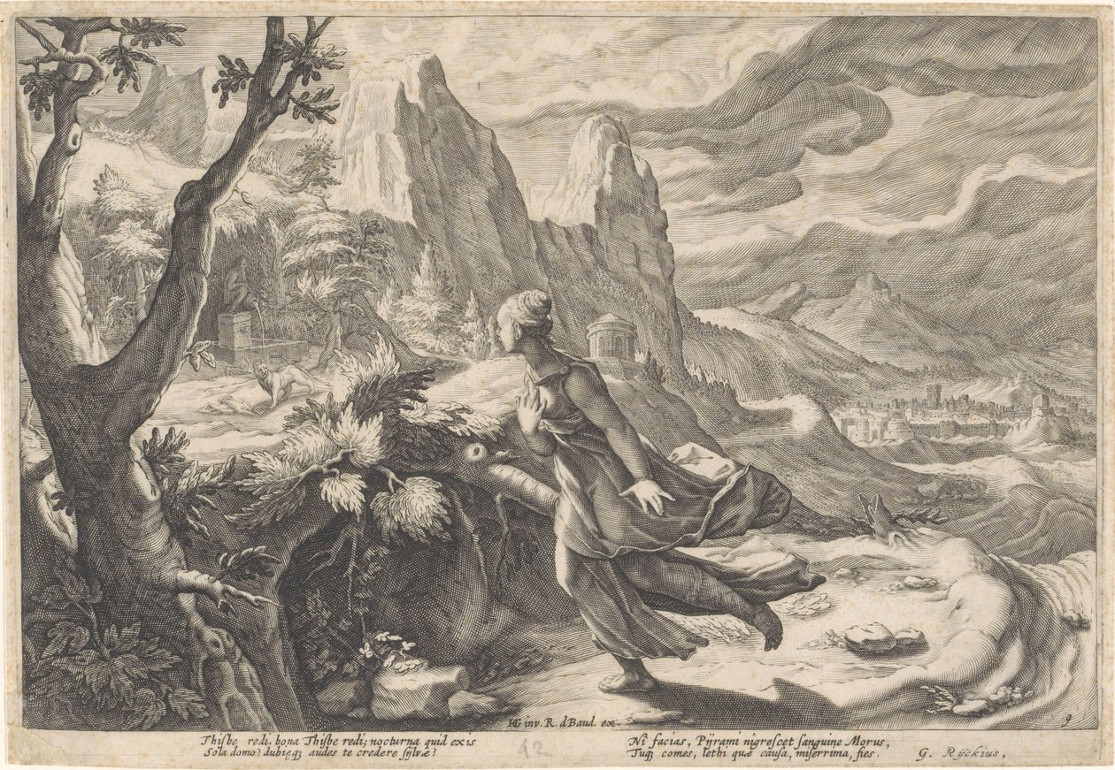 Thisbe flykter fra løvinnen Metamorphoses of Ovid (serietittel) av Hendrick Goltzius (workshop of)