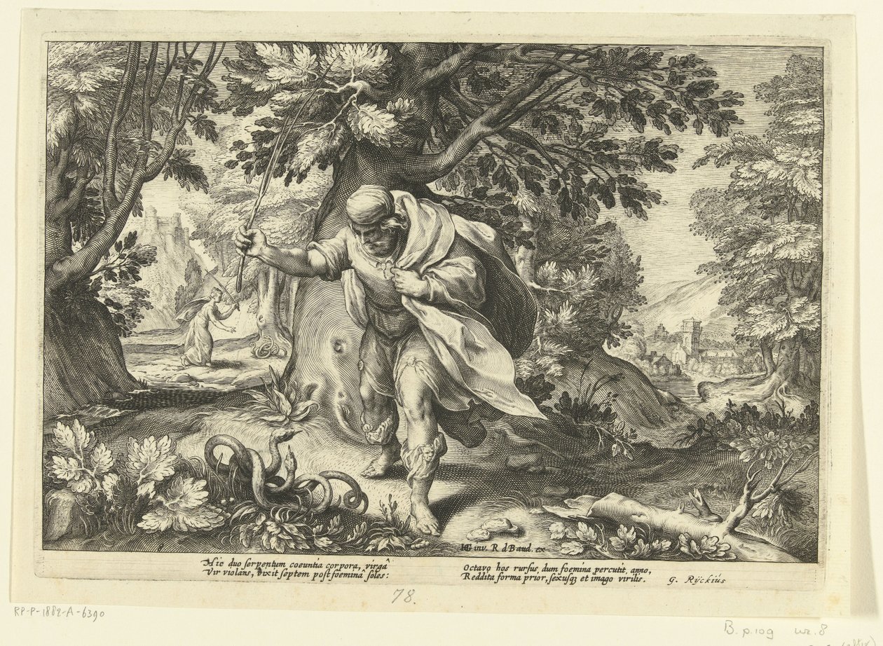 Tiresias slår to parrende slanger Ovid's Metamorphoses (serietittel) av Hendrick Goltzius (workshop of)