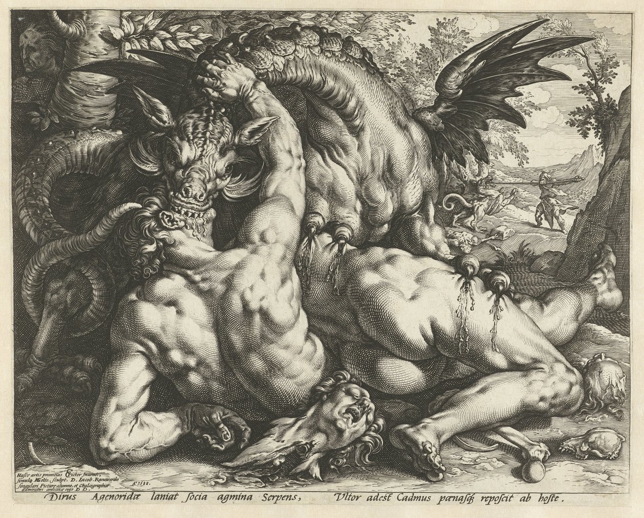 En drage som sluker følgesvennene til Cadmus Kadmusens ledsagere fortært av en drage av Hendrick Goltzius