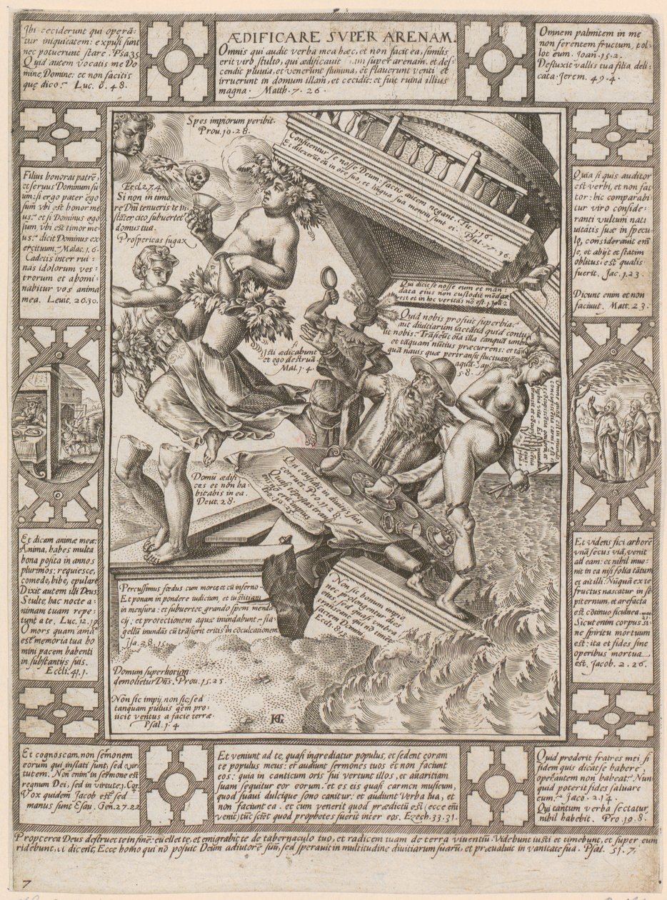 Aedificare super Arenam, blad 7 i serien «Allegorier om den kristne tro» av Hendrick Goltzius