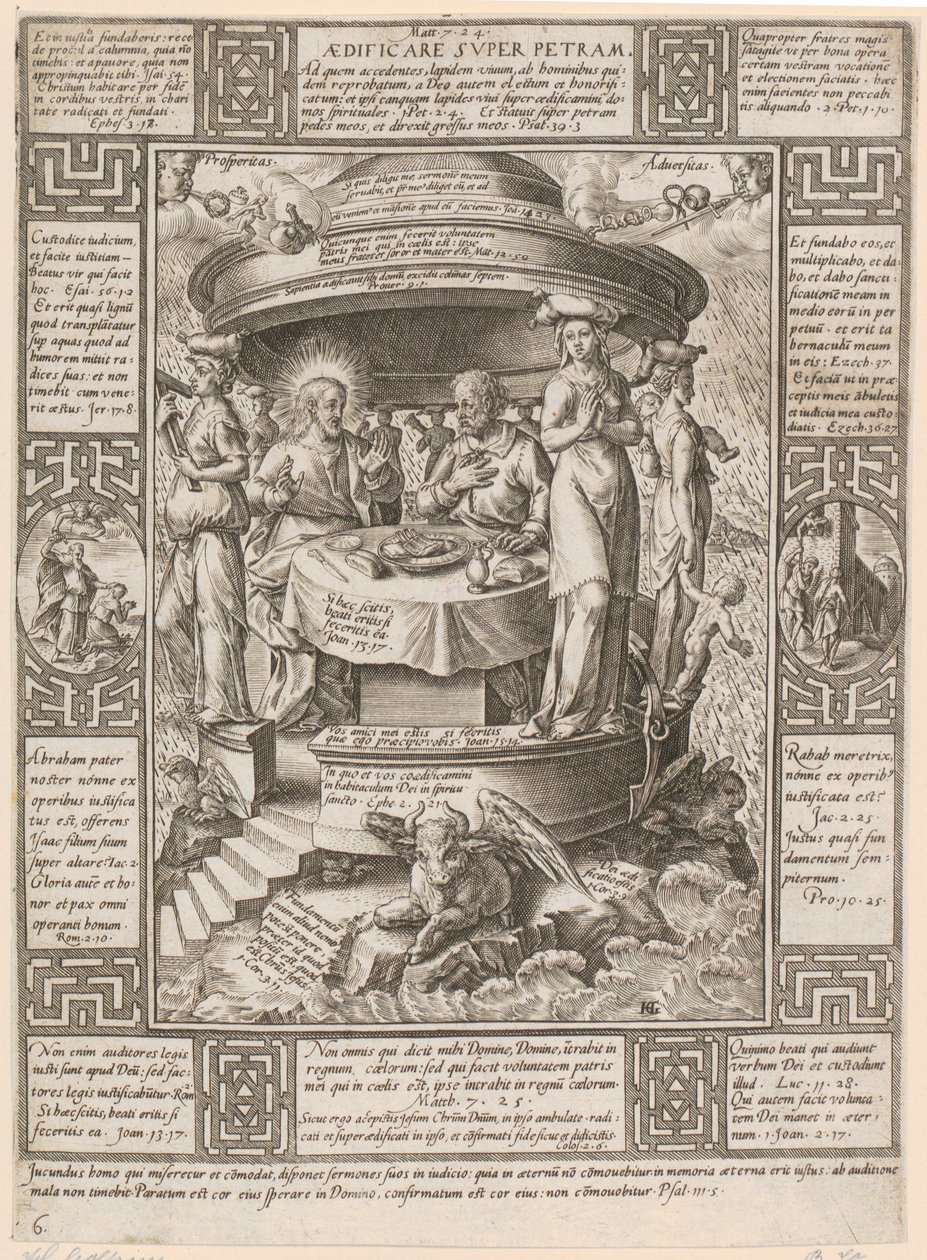 Å bygge på klippen, blad 6 fra serien «Allegorier over den kristne tro» av Hendrick Goltzius