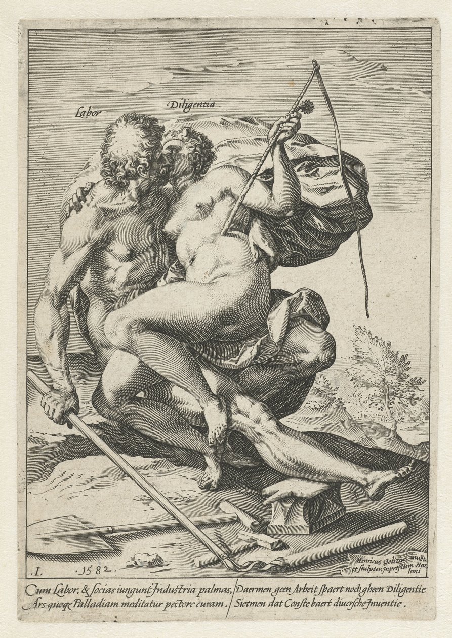 Arbeid og industri (Labour / Diligentia) Belønningen for arbeid, flid, praksis og kunst (serietittel) av Hendrick Goltzius