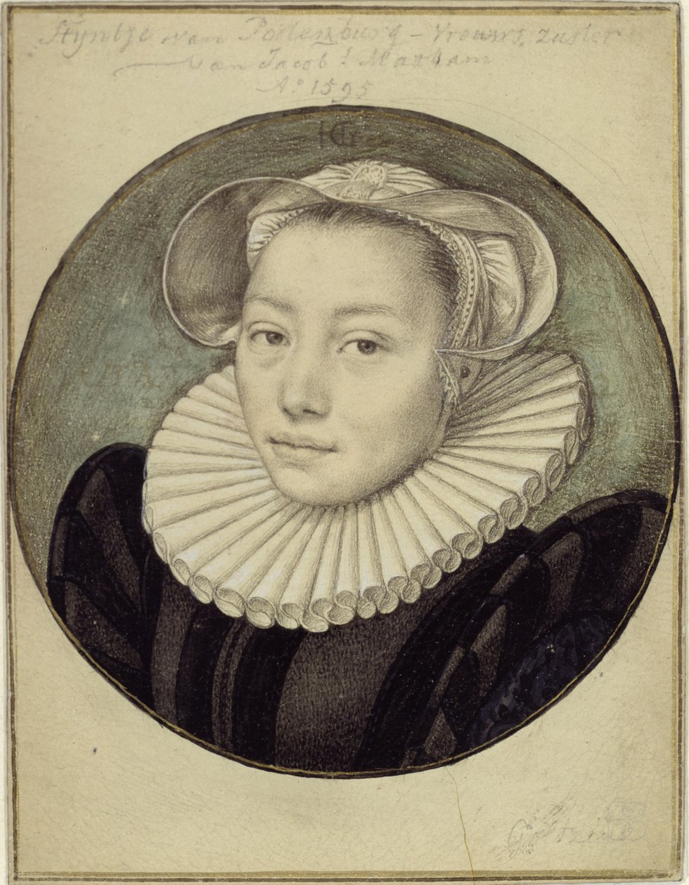 Brystbilde av Styntje van Poelenburg-Vrouws, Jacob Mathams søster av Hendrick Goltzius