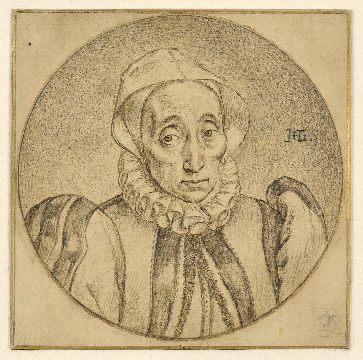 Brystportrett av en eldre dame (Agatha Scholiers) av Hendrick Goltzius