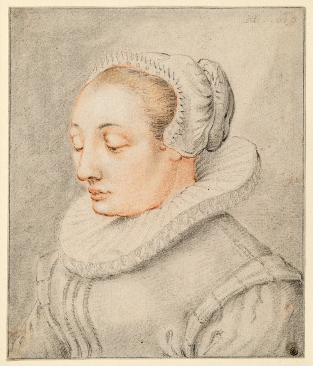 Bysteportrett av en ung kvinne med kyse av Hendrick Goltzius