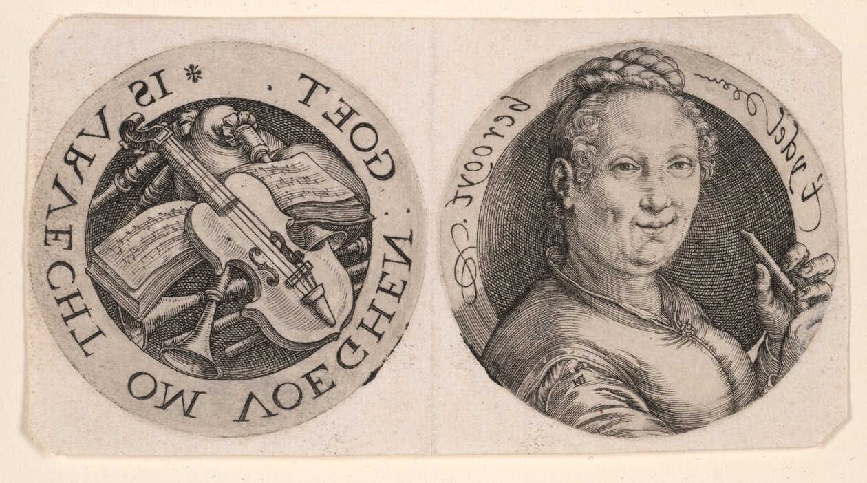 Byste av en kvinne som holder en fløyte og musikkinstrumenter på ett ark av Hendrick Goltzius