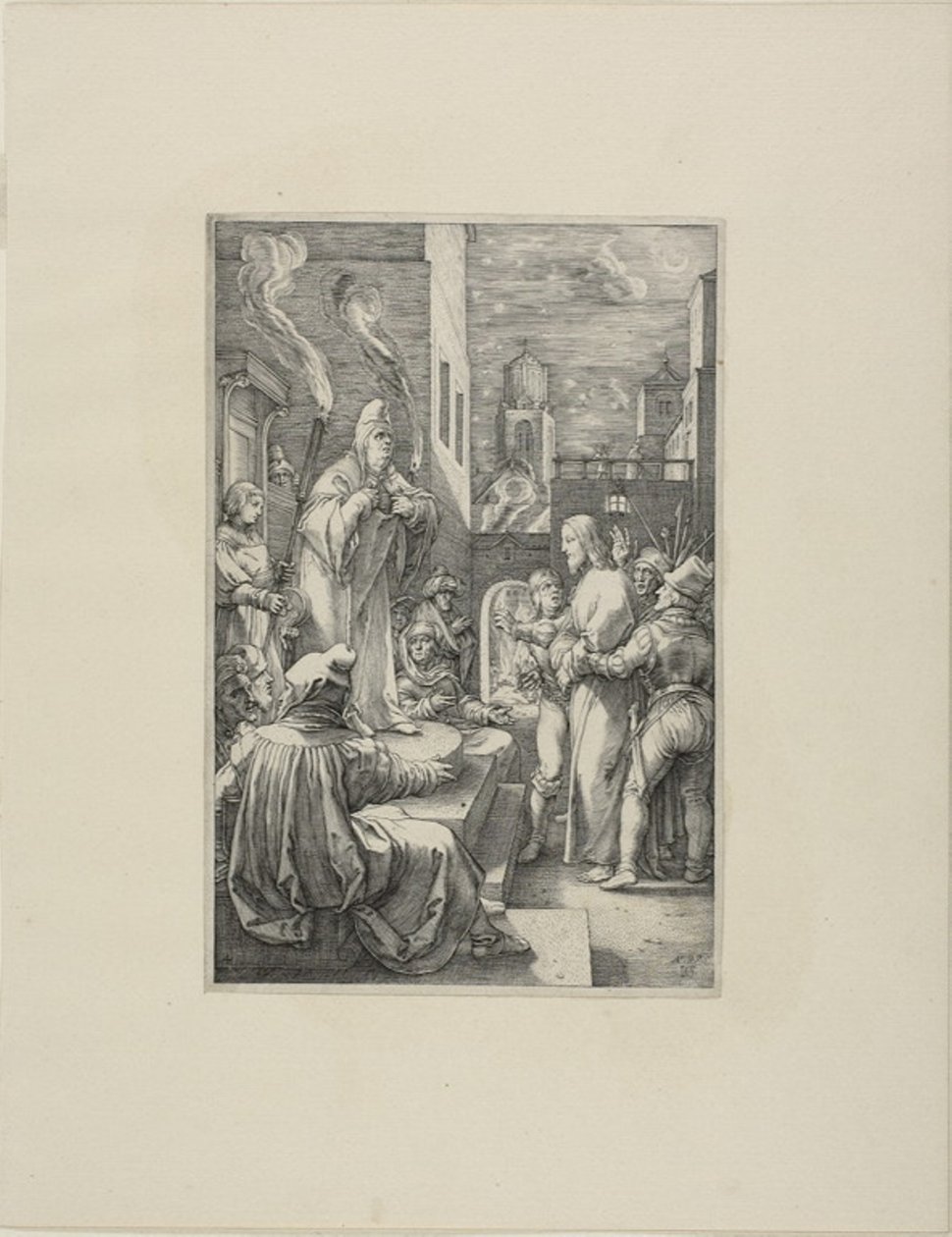 Kristus før Kaifas, plate fire fra The Passion of Christ av Hendrick Goltzius