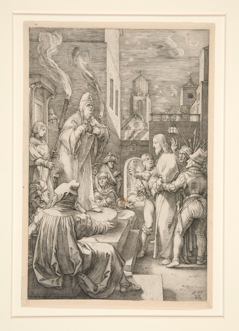 Christ Before Caiphas, fra The Passion, #4 i en serie med 12 graveringer av Hendrick Goltzius