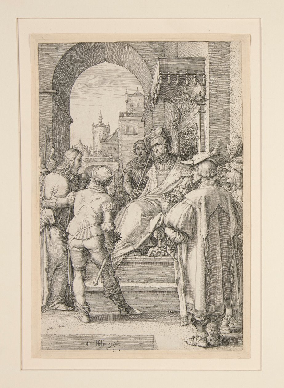 Kristus før Pilatus, fra The Passion, #5 i en serie med 12 graveringer av Hendrick Goltzius