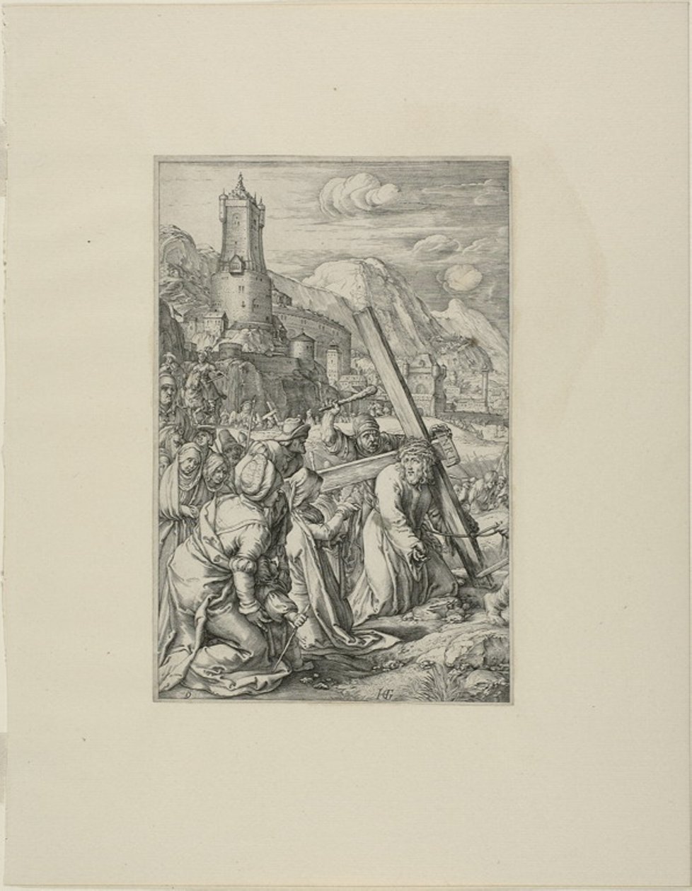 Kristus bærer korset, plate ni fra Kristi lidenskap av Hendrick Goltzius