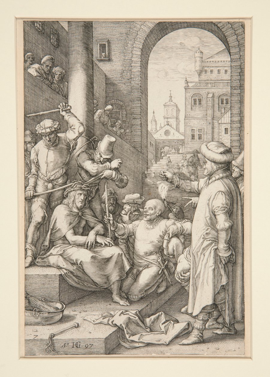 Christ Crowned with Thorns, fra The Passion, #7 i en serie med 12 graveringer av Hendrick Goltzius