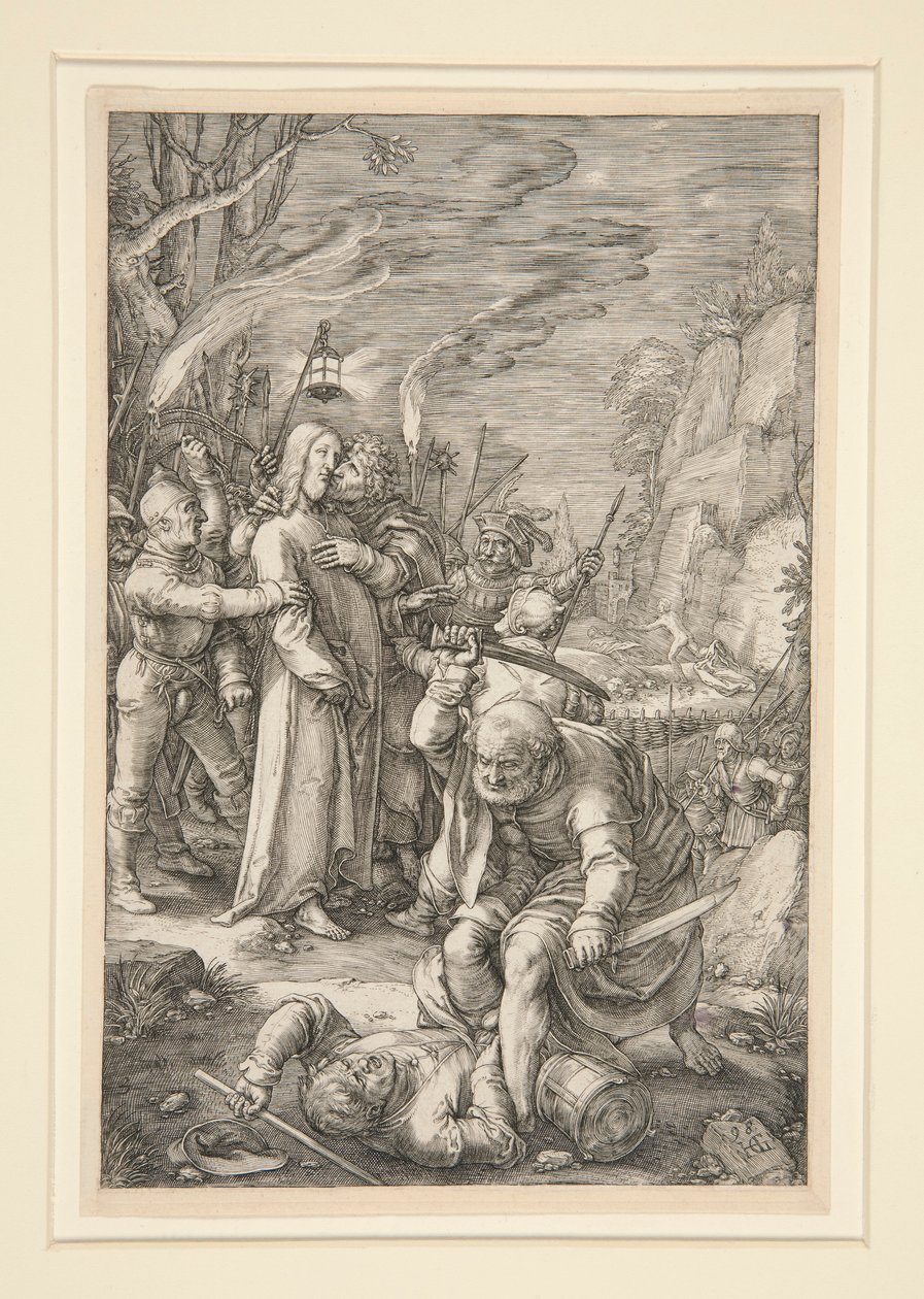 Christ Taken Captive (The Berayal of Christ), fra The Passion, #3 i en serie med 12 graveringer av Hendrick Goltzius