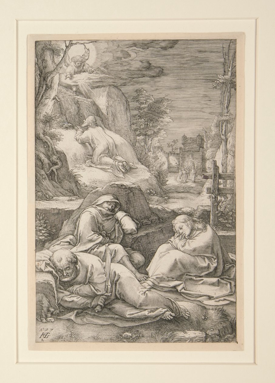 Kristus på Oljeberget (Agony in the Garden), fra The Passion, #2 i en serie med 12 graveringer av Hendrick Goltzius