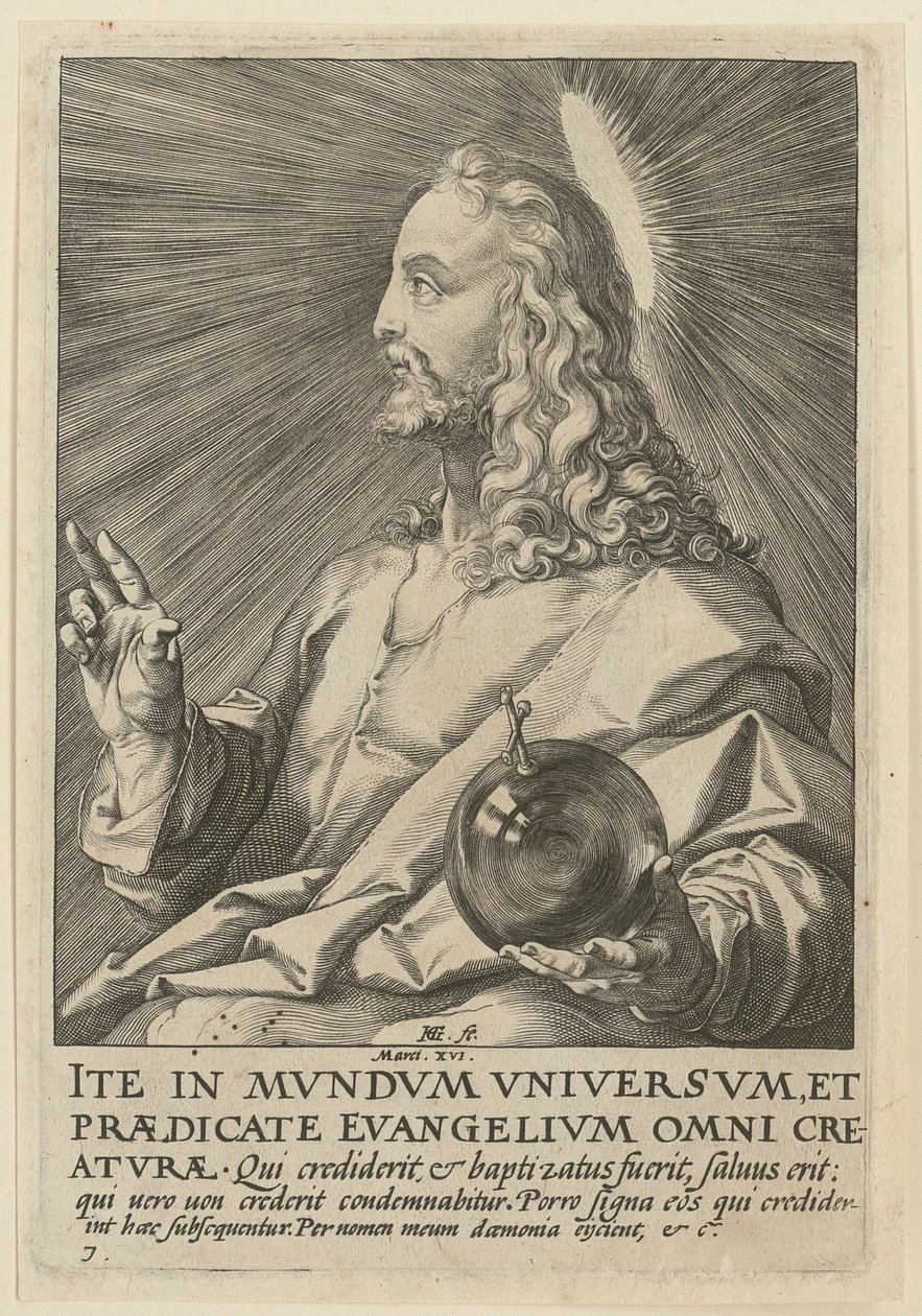 Kristus som Salvator Mundi, blad 7 fra serien «Kristus, de tolv apostlene og Paulus» av Hendrick Goltzius