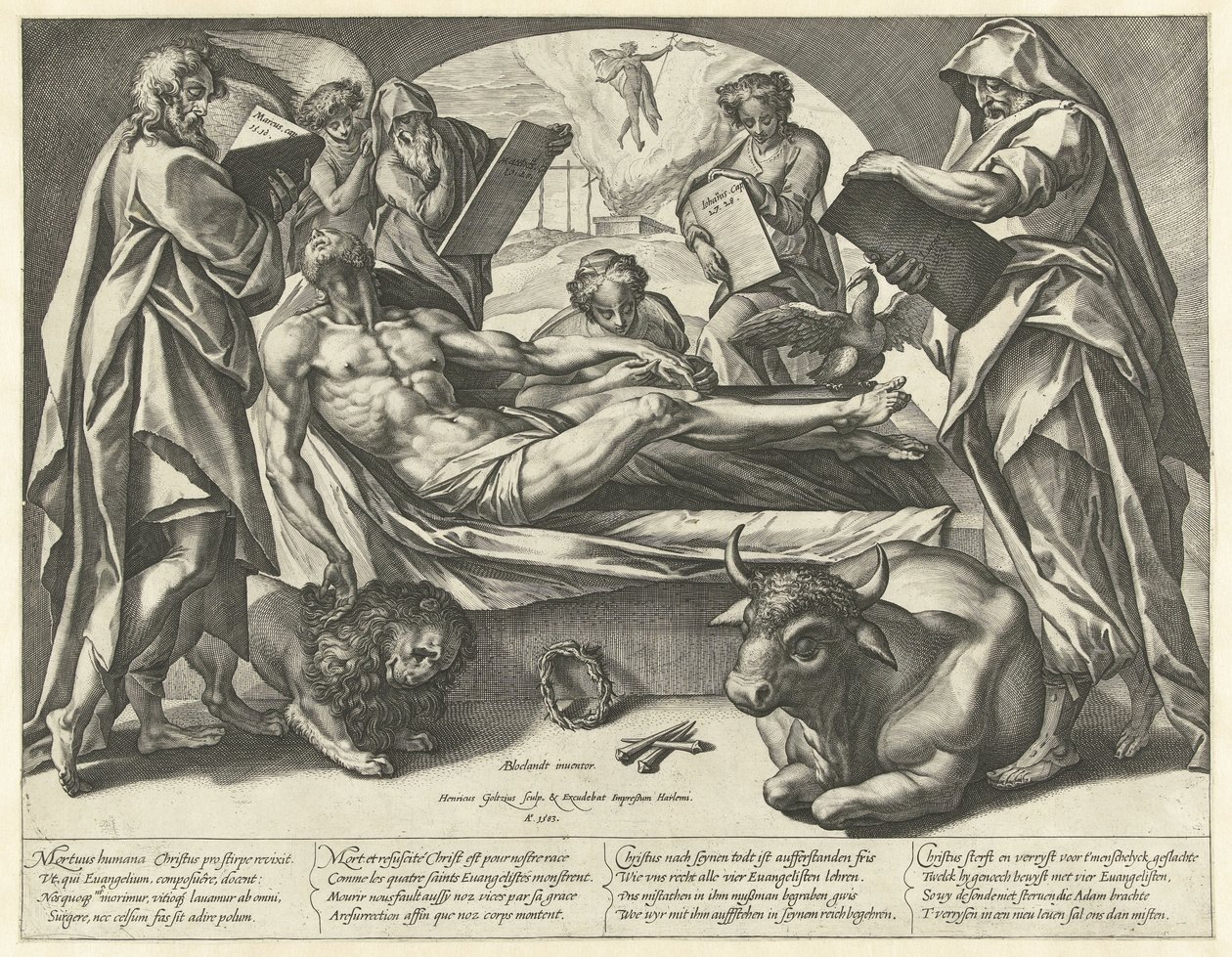 Den døde Kristus og de fire evangelistene av Hendrick Goltzius
