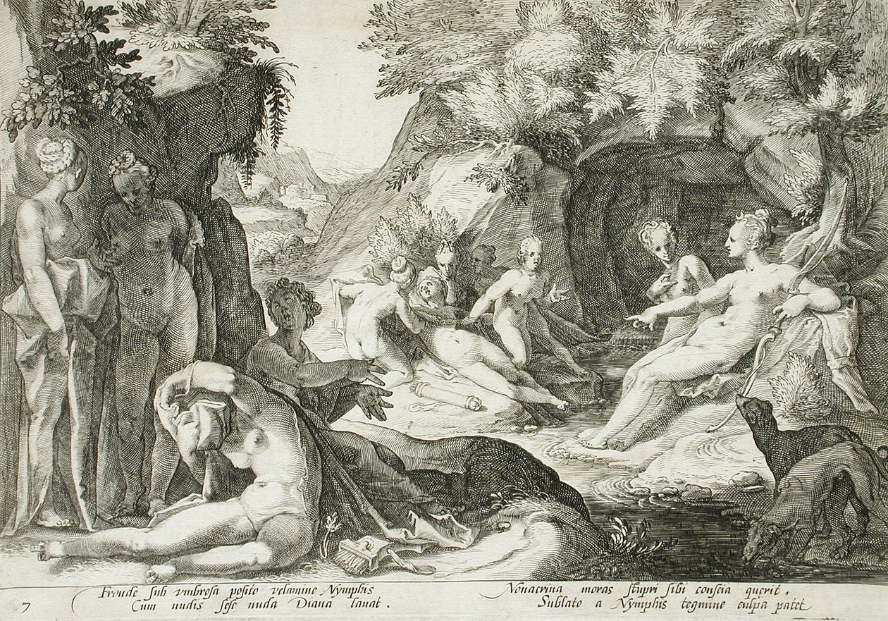 Diana og nymfene hennes oppdager Callistos graviditet av Hendrick Goltzius