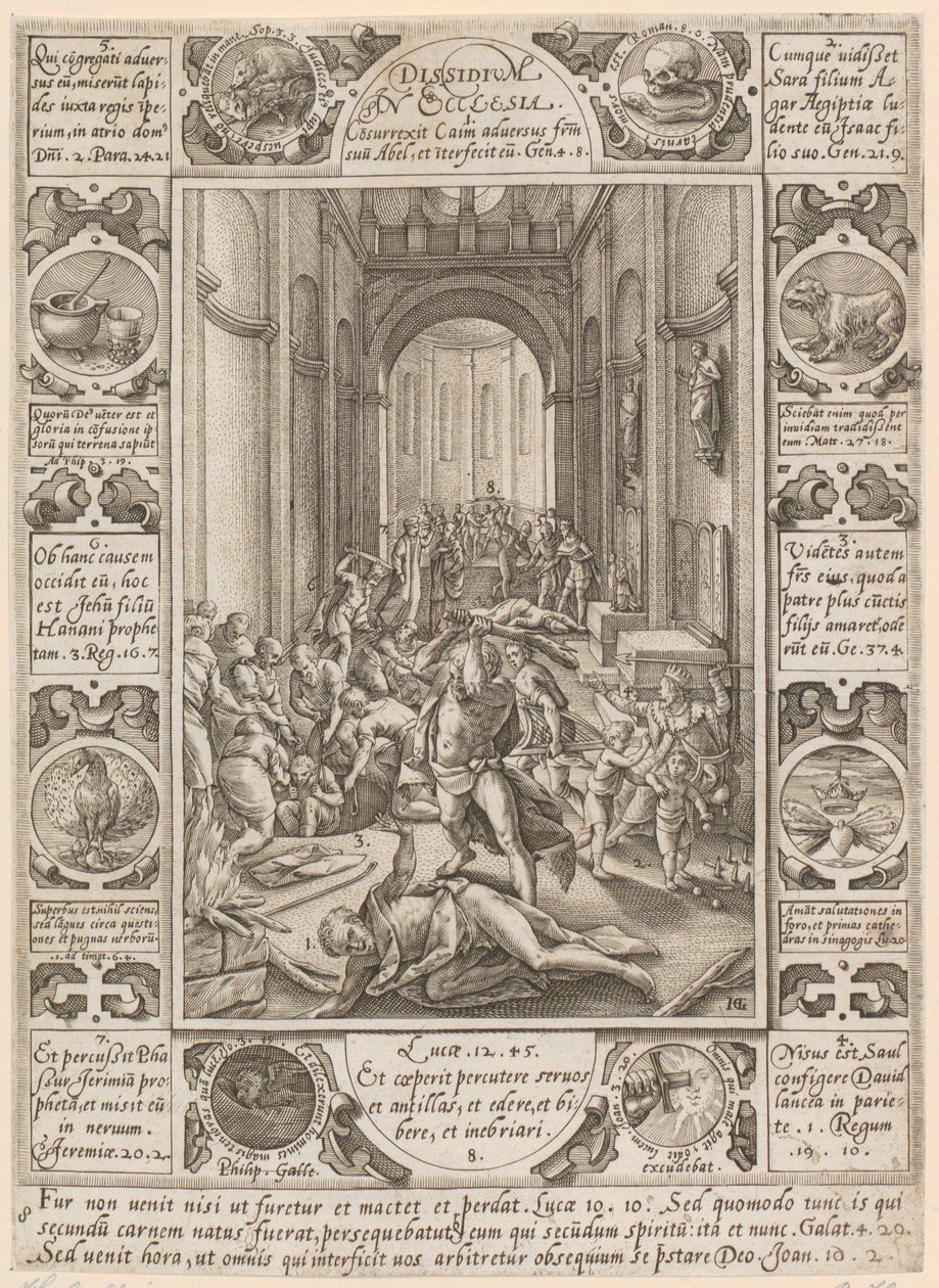 «Dissidium in Ecclesia», blad 8 i serien «Allegorier om den kristne tro» av Hendrick Goltzius