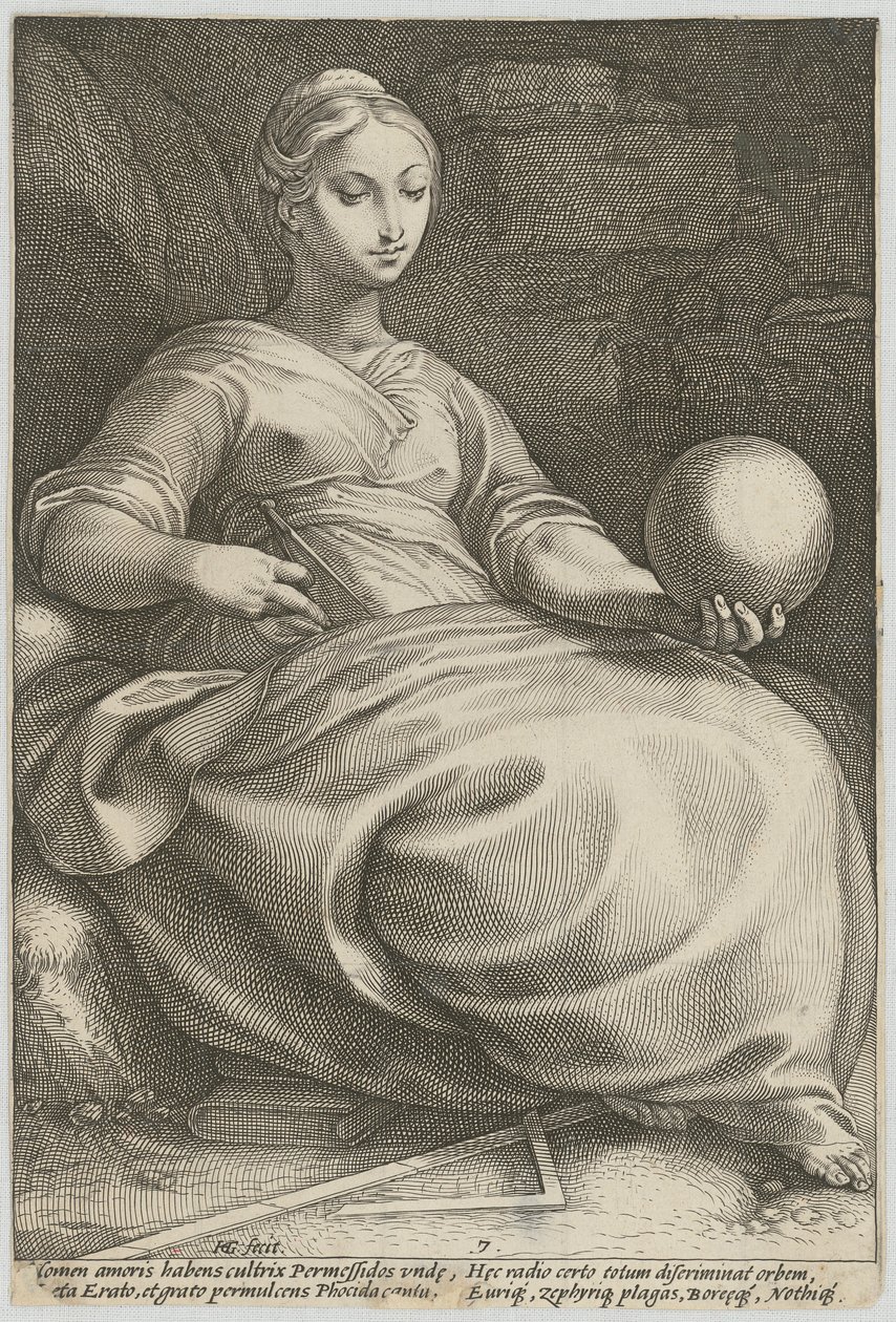 Erato, plate 7 fra serien «Ni muser» av Hendrick Goltzius