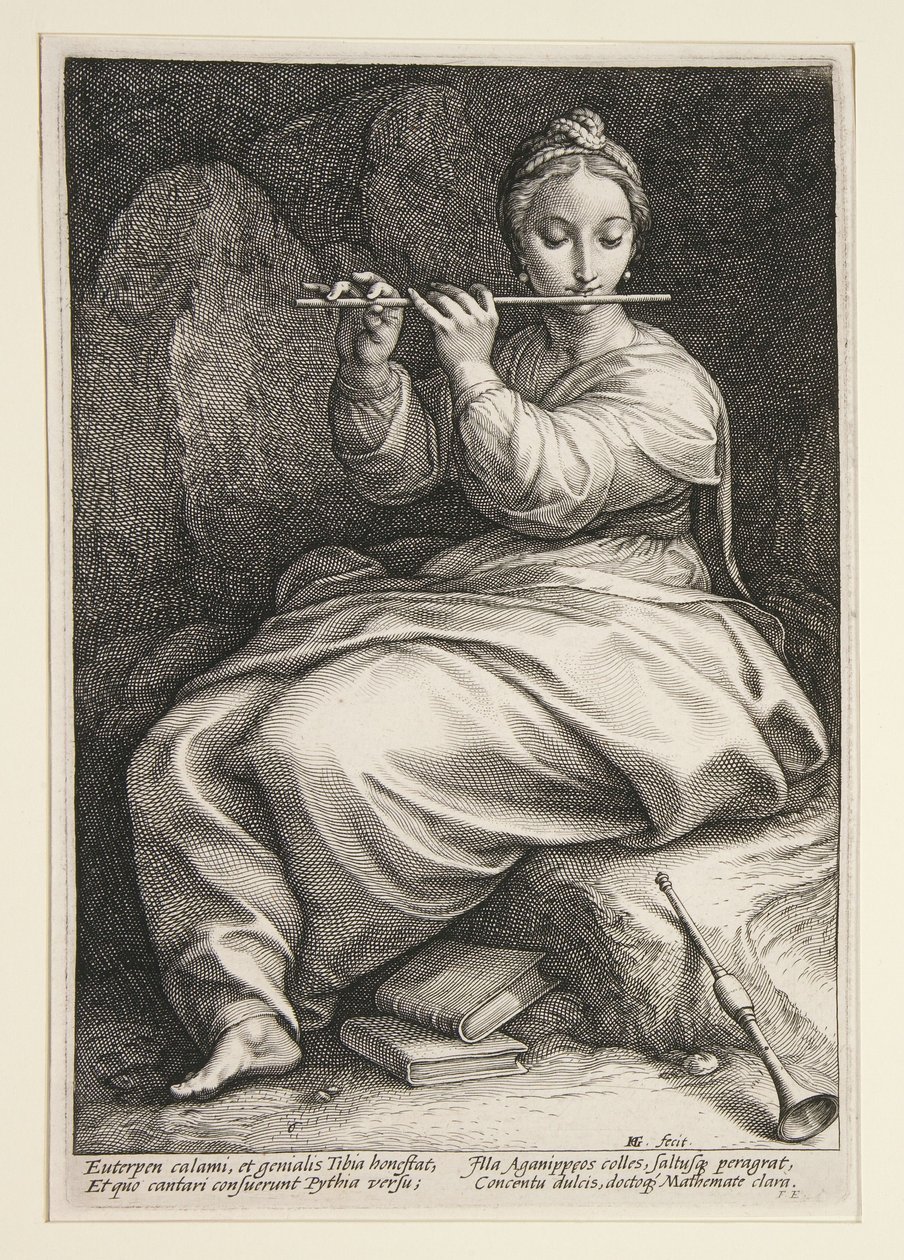 Euterpe, plansje 6 fra serien De ni musene av Hendrick Goltzius